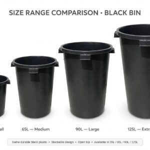 Heavy-duty plastic bins size range 35L 65L 90L 125L, no lid