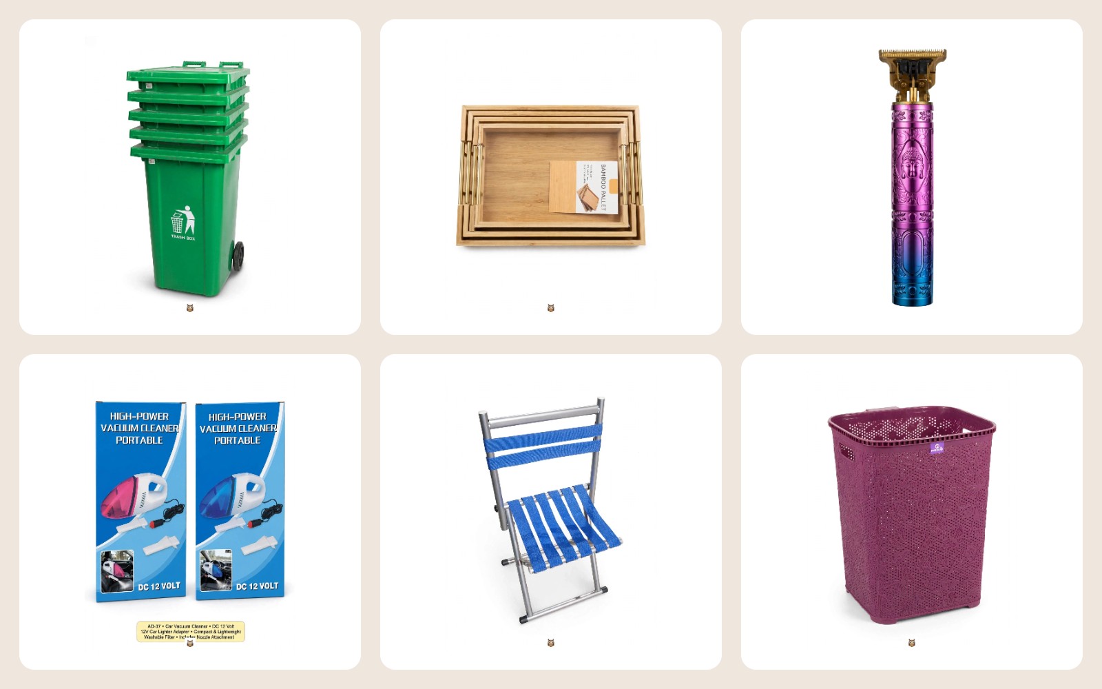 Chwane Supply range – wheelie bin, bamboo trays, trimmer, car vacuum, folding chair and laundry basket